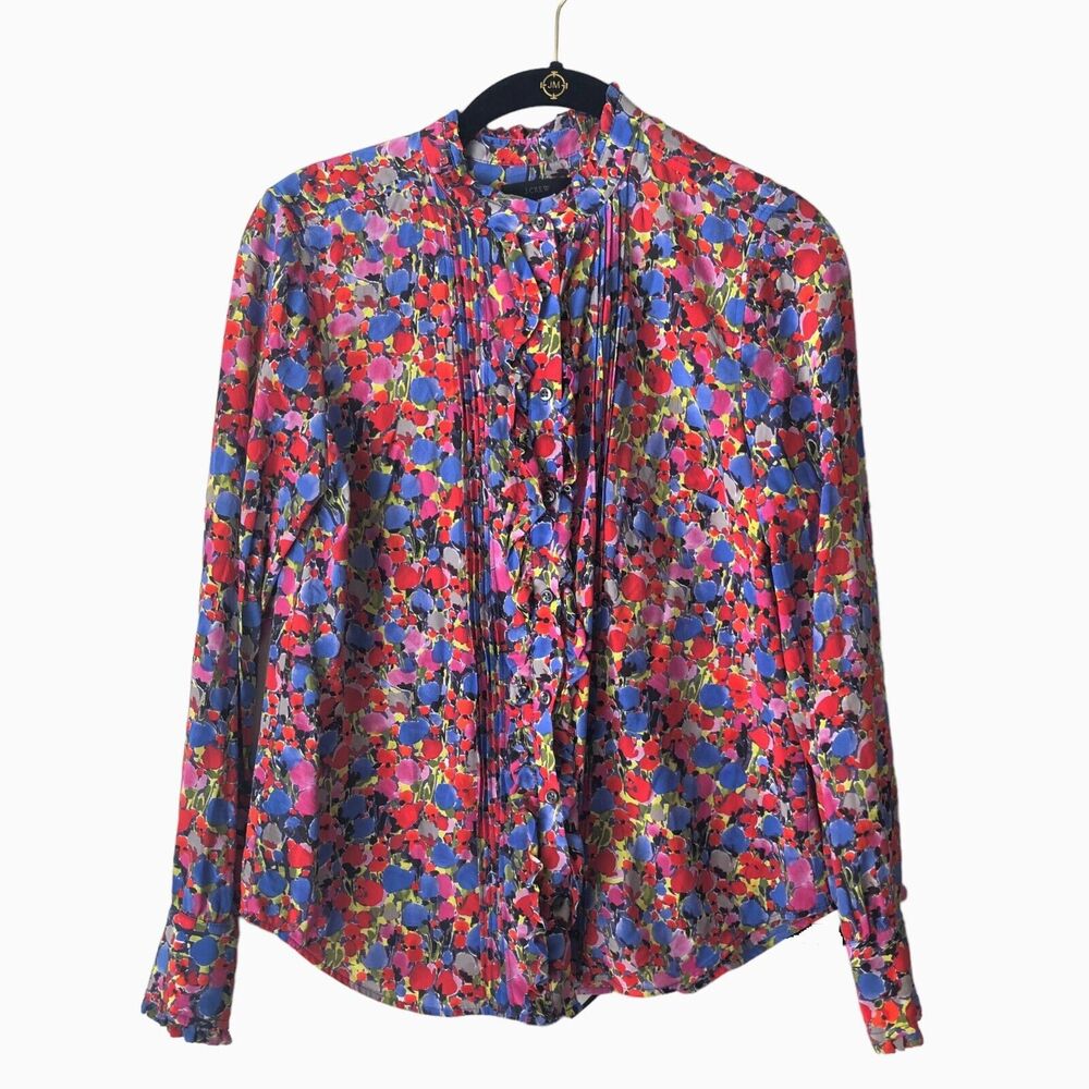 J‎ Crew 100% Silk Floral Blouse Shirt Top Pintuck Ruffle Watercolor Womens 2